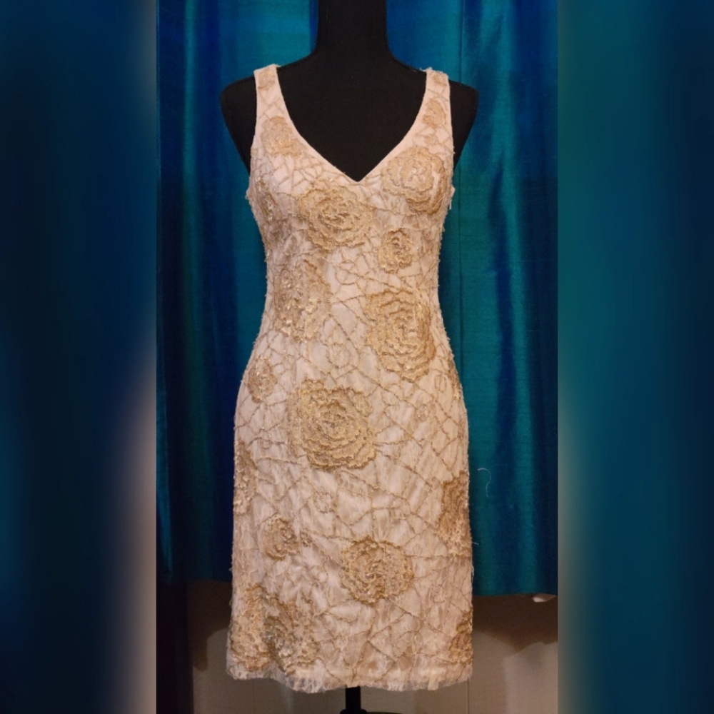 Sue Wong V-Neck Embroidered Lace Cocktail Dress - Champagne US 6/M